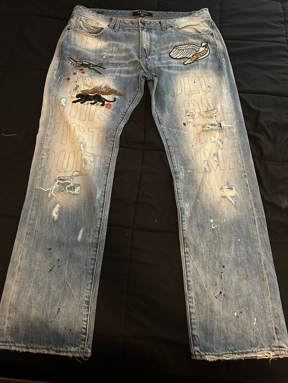 Akoo Light Blue Distressed Straight Jeans with Embroidered Patches